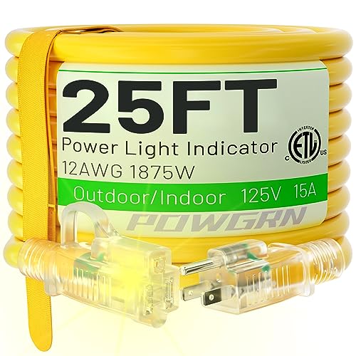 25 ft 12/3 Outdoor Extension Cord Waterproof Heavy Duty with Lighted Indicator End 12 Gauge 3 Prong, Flexible Cold-Resistant Long Power Cord Outside, 15Amp 1875W SJTW Yellow ETL Listed POWGRN