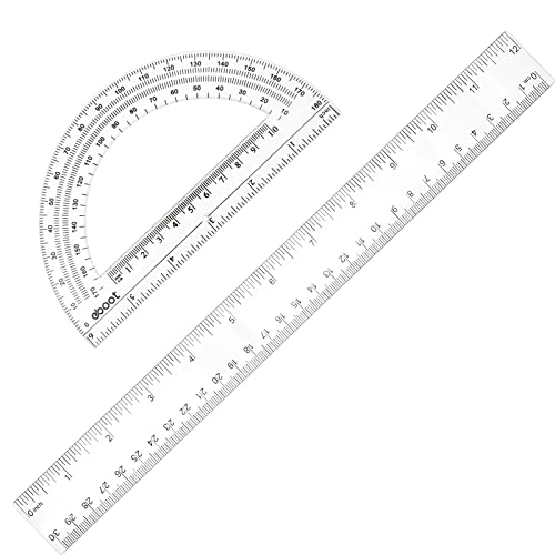2er Pack 12 Inch Plastic Ruler and 6 Inch Plastic Protractor Set Clear Math Geometry Set Protractors Classroom Set Transparent School Supplies Rulers for School Classroom Home Office Drawing