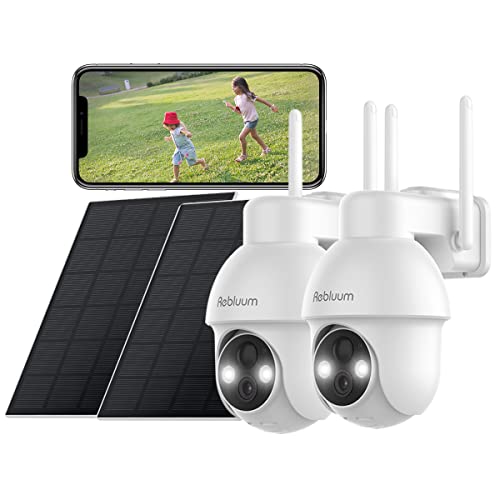 【2K】 Solar Powered Security Cameras Wireless Outdoor, 2 Pack, Pan Tilt 360°WiFi Camera with Color Night Vision/PIR Sensor/2-Way Audio/Alexa/Google Assistant