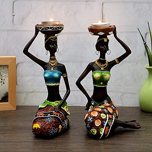 African Figurines: Tribal Lady Sculpture Candle Holders for Home Decor