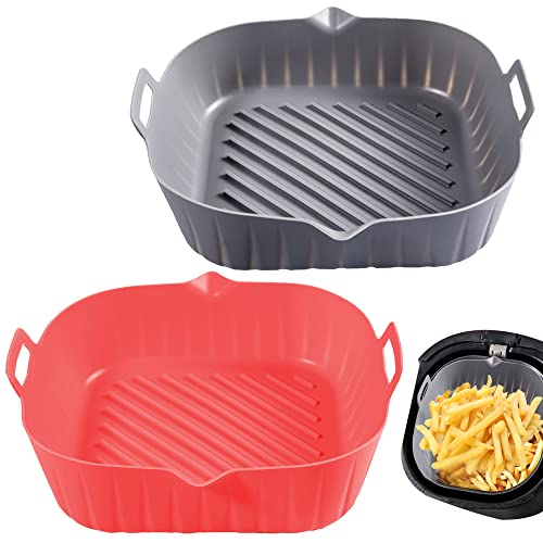 2Pcs Air Fryer Silicone Liners, Reusable Air Fryer Square Pot, Fit for 4 To 7 QT Air Fryer (Red+Gray)