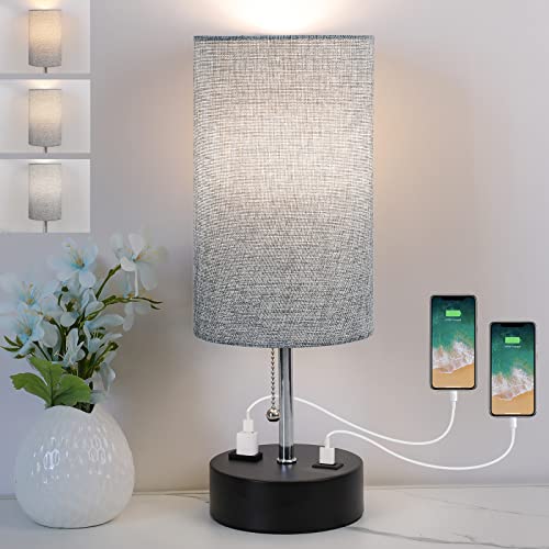 Gray 3-Color Temperature Bedside Lamp with USB and AC Outlet