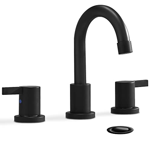 3-Hole Low-Arch 2-Handle Widespread Bathroom Faucets with Valve and Metal Pop-Up Drain Assembly,Matte Black by phiestina, WF15-1-MB