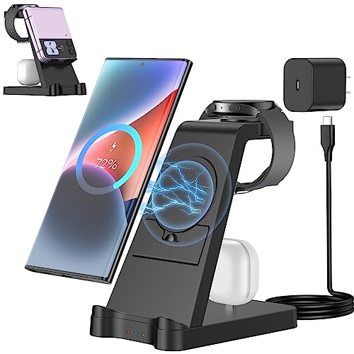 3 in 1 Charging Station for Samsung, Wireless Fast Charging Station for Samsung S23 S22 S21 Ultra Note20 10 Z Flip Z Fold, Charger Dock with Stand for Galaxy Buds and Galaxy Watch 5 Pro 4 3 (Black)