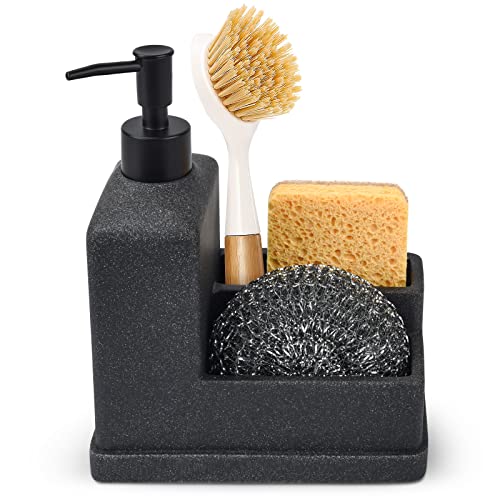 ODesign Bathroom Dish Soap Dispensers with Caddy (A Spare Brush Included)  Kitchen Sink Organizer Sponge Holder for Countertop Stainless Steel 