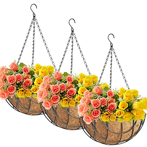 3 Pack Metal Hanging Planter Basket with Coco Coir Liner Outdoor 10 Inch Chain Round Wire Plant Holder Hanging Flower Pot Hanging Baskets for Plants Outdoor Lawn Patio Garden Decorations(Grid)