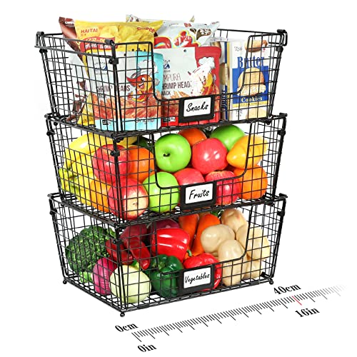 3 Pack Stackable Wire Baskets for Pantry Storage and Organization