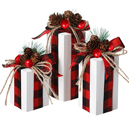 3 Pcs Christmas Table Centerpieces Christmas Table Decor Faux Present Wooden Blocks Rustic Decoration with Buffalo Plaid Bowknot for Holiday Xmas Tree Shelf Tiered Tray Decor (White)
