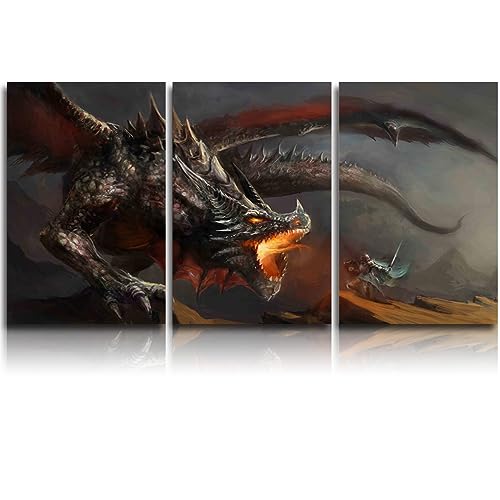 Knight vs Fire Dragon 3-Piece Canvas Wall Art - Modern Decor