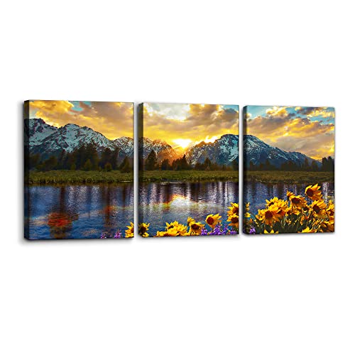 Sunflower Sunrise: 3-Piece Mountain Canvas Art Set by Pacimo