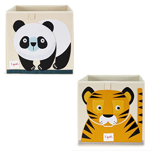 3 Sprouts Large 13 Inch Square Children's Foldable Fabric Storage Cube Organizer Box Soft Toy Bin, Panda Bear and Friendly Tiger (2 Pack)