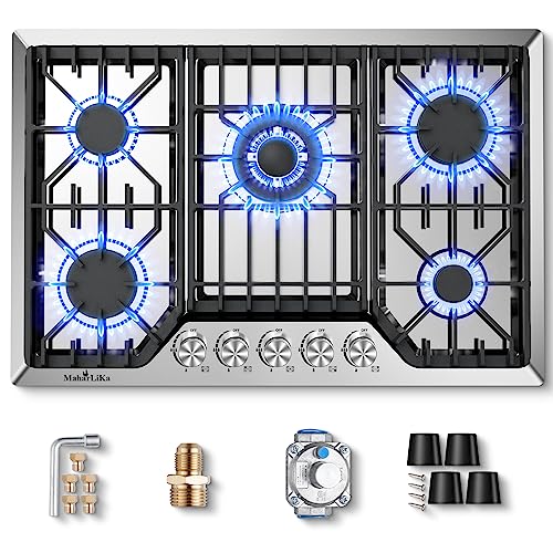 30 Inch Gas Cooktop - Dual Fuel, 5 Burner Stainless Steel Stove Top