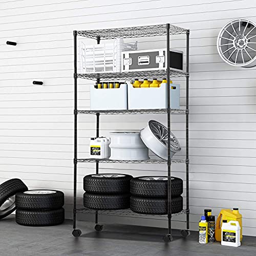 Black Metal 5-Tier Wire Shelving Unit with Casters for Restaurant or Garage