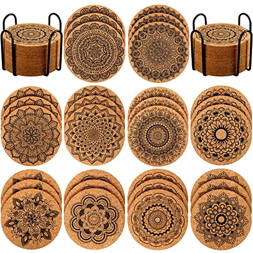 Absorbent Mandala Cork Coasters Set with Holder for Home
