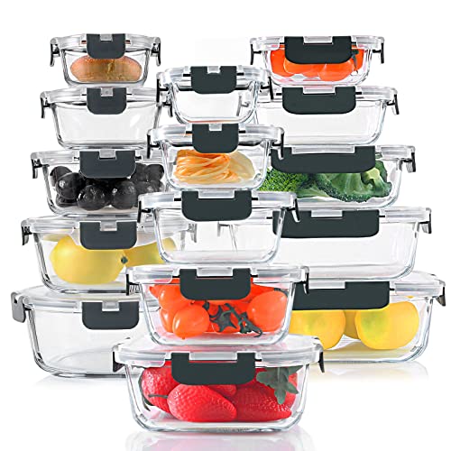 30 Pieces Glass Meal Prep/ Food Storage Containers Set with Snap Locking Lids, Airtight lunch Containers, BPA-Free, Microwave, Oven, Freezer & Dishwasher Friendly,Gray