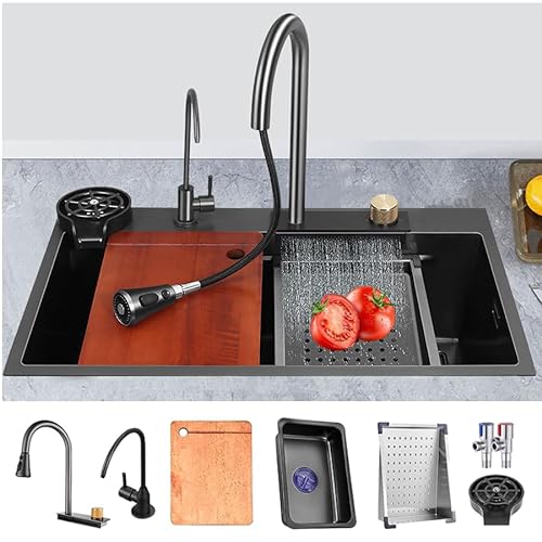 Black Farmhouse Kitchen Sink with Pull-Out Faucet and Cup Washer