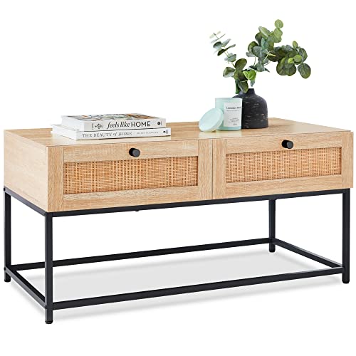 39in Rattan Coffee Table with Storage Compartments