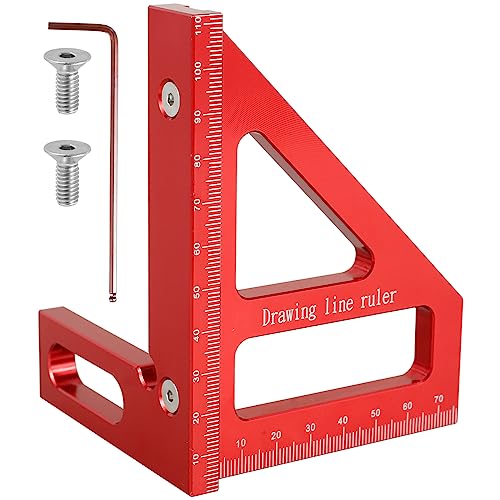 3D Multi-Angle Measuring Ruler, 45/90 Degree Woodworking Square Protractor Aluminum Alloy, Miter Triangle Ruler, Layout Measuring Tool for Engineer Carpenter High Precision (Red)