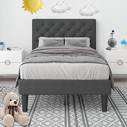 Upholstered Twin Size Platform Bed Frame with Headboard, Grey