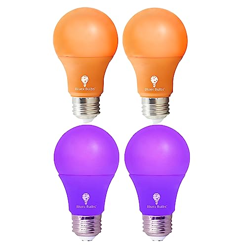Bluex Bulbs 4 Pack A19 LED Purple and Orange Light Bulbs - 9 Watt (60-watt Replacement) for Party Decoration, Home Lighting, Halloween