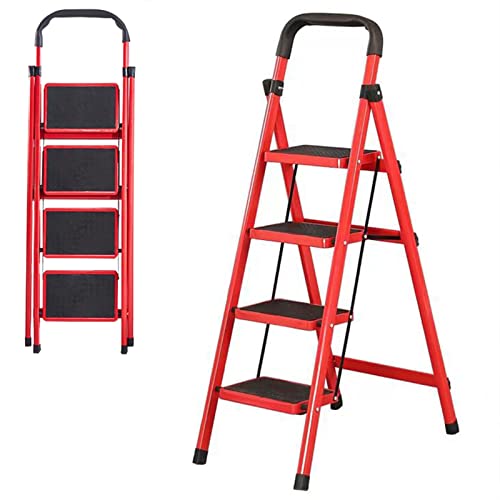 4 Step Folding Stool with Anti-Slip Pedal - Lightweight, Red