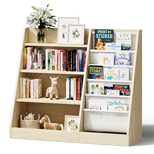 HedoAjim Kids Wood Bookshelf: Sling Bookcase, Toy Organizer Cabinet