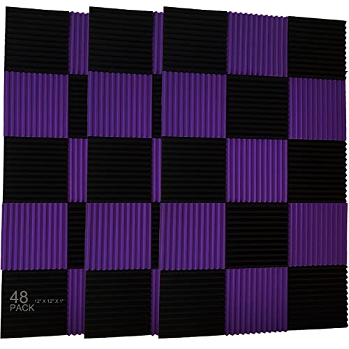 48Pack 12"X 12"X1" Black/Purple Acoustic Panels Studio Soundproofing Foam Wedge Tiles