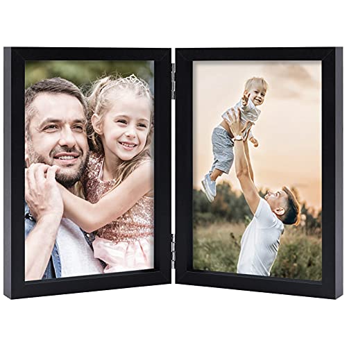 4x6 Double Picture Frames Hinged MDF Wood with Real Glass Stand Vertical on Tabletop, Black