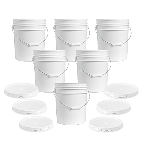 5 Gallon White Plastic Bucket - Food Grade - 6 Pack
