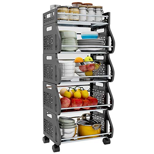 5 Tier Kitchen Rolling Cart with Basket Storage for Fruits, Vegetables, Produce and More