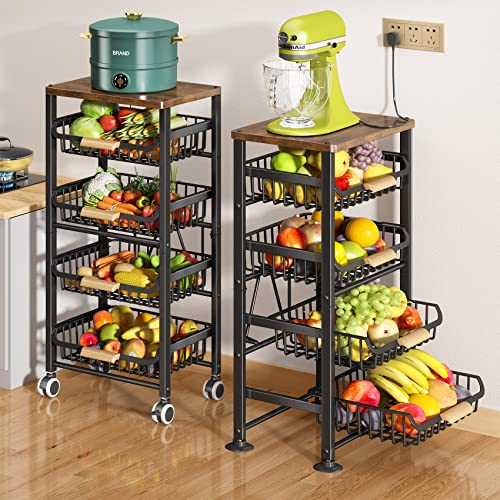 5 Tier Large Pull-out Wire Fruit Basket With Wood Top and Wheels