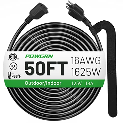 50 FT 16/3 Black Indoor Outdoor Extension Cord Waterproof, 3 Prong Flexblie SJTW Cold Weatherproof -50°C Appliance Extension Cord 13 AMP 1625W 16AWG Heavy Duty Electric Cord, POWGRN ETL Listed