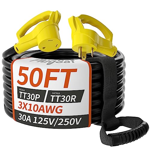 50 FT 30 Amp RV Extension Cord Outdoor with Grip Handle, Flexible Heavy Duty 10/3 Gauge STW RV Power Cord Waterproof with Cord Organizer, NEMA TT-30P to TT-30R, Black-Yellow, ETL Listed PlugSaf