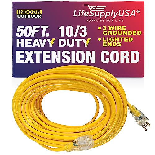 50 ft Power Extension Cord Outdoor & Indoor Heavy Duty 10 Gauge/3 Prong SJTW (Yellow) Lighted end Extra Durability 15 AMP 125 Volts 1875 Watts by LifeSupplyUSA