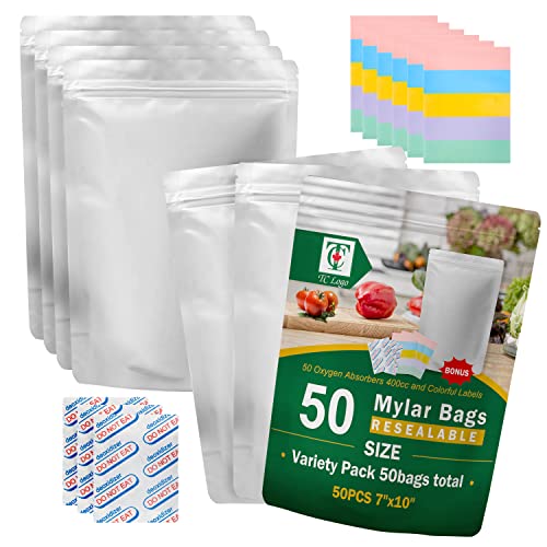 Food Container Storage Mylar Bags, 100 Pcs with Oxygen Absorbers and  Labels, Resealable Ziplock Bags for Heat Sealable, 3 Sizes (Gallon, Quart,  Small), Thick 10 Mil