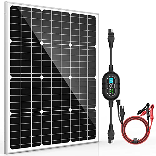 50W 12V Solar Panel Kit Battery Maintainer Trickle Charger Pro + Advanced 10A MPPT Charge Controller + SAE Battery Clip Cable for 12 Volt Boat Car RV Trailer Motorcycle Automotive Home Off Grid System