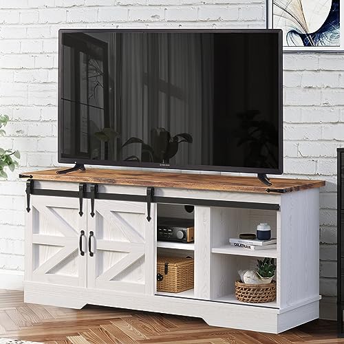 58 Inch Farmhouse TV Stand with Sliding Barn Door and Storage Cabinets
