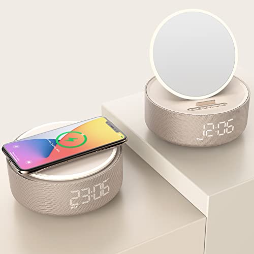 6-in-1 Wireless Phone Charger with Digital Alarm Clock, Mirror Lights and Bluetooth Speaker - Perfect Gift for Women
