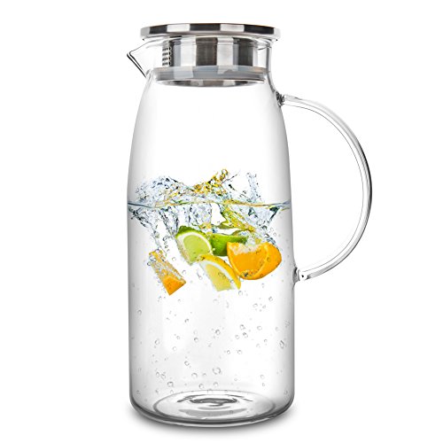Glass Pitcher, 75 Ounces Glass Pitcher with Lid, Fridge Door Water Pitcher  with Free Brush, Heat Resistant Glass Water pitcher with Spout, Iced Tea