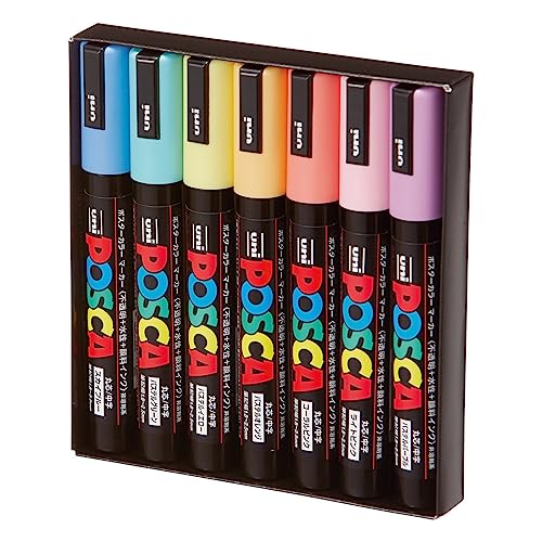 Uni Posca 7 Pastel Paint Markers: Medium Tips, Acrylic and Fabric Pen Set