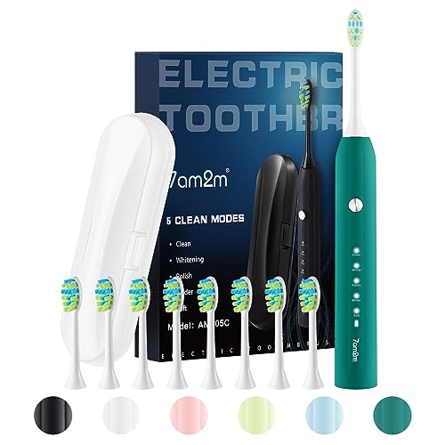 7AM2M Electric Toothbrush for Adults, Sonic Toothbrush with 8 Brush Heads, Travel Case, Rechargeable Electric Power Toothbrush with 2 Minutes Build in Smart Timer