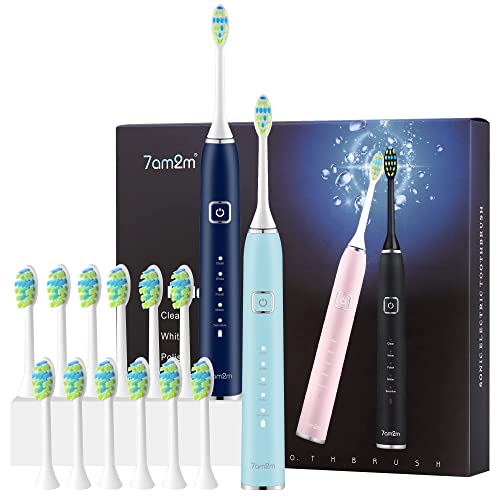 7AM2M Electric Toothbrush Set - 2 Pack for Kids and Adults, 12 Brush Heads, 5 Adjustable Modes, Fast Charge