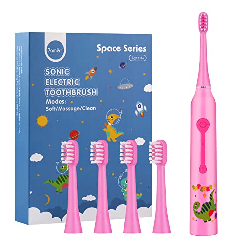 7AM2M Kids Electric Toothbrush with 4 Heads, 3 Modes, IPX7 Waterproof