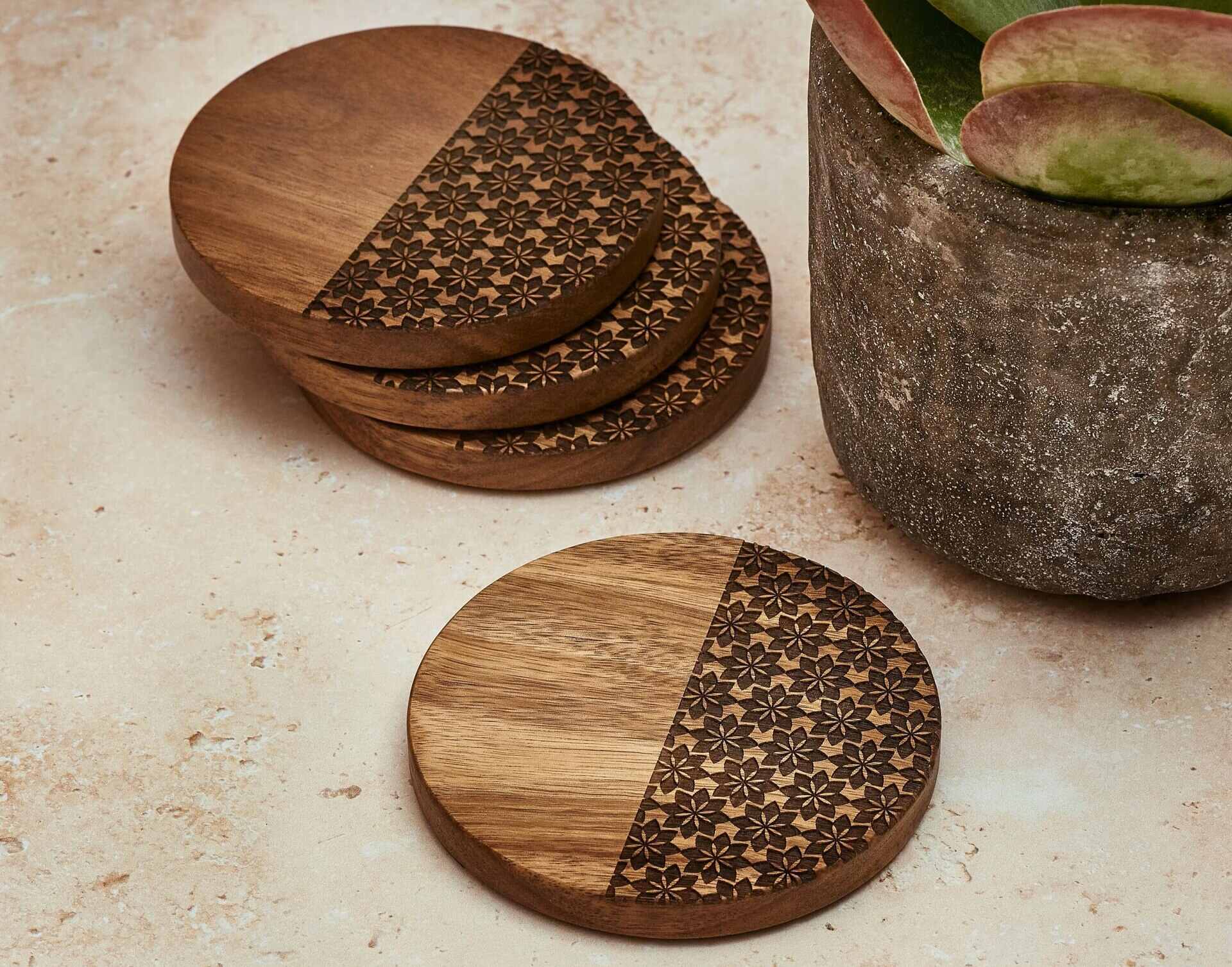 Acacia Wood Coasters for Drinks with Iron Holder Stand Set of 4, Wooden  Coasters