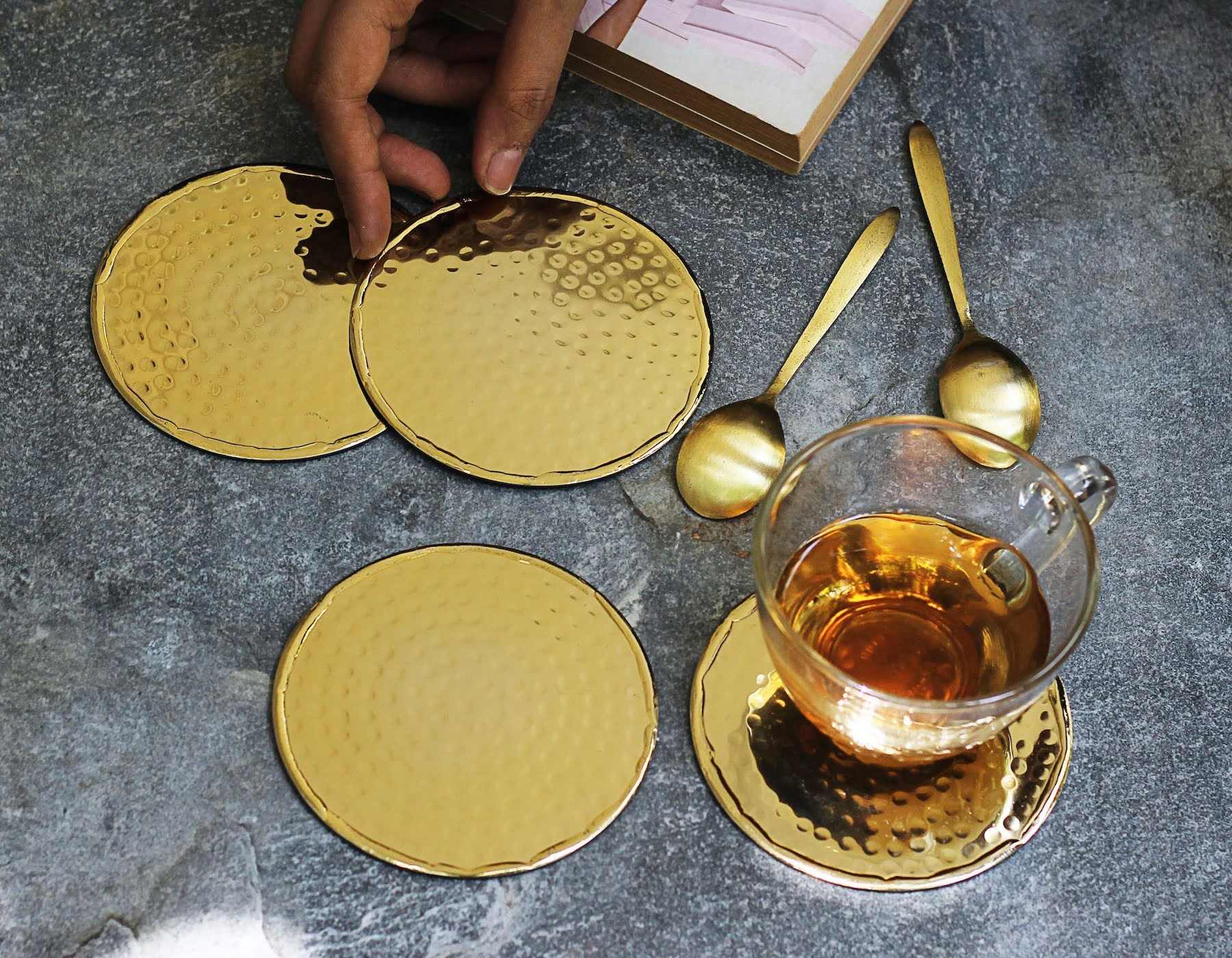 Bamboo Coasters 6-Pack Set - Absorbent and Condensation Wooden Coasters with Holder - Round Cup Coasters for Cold Drinks and Hot Beverage