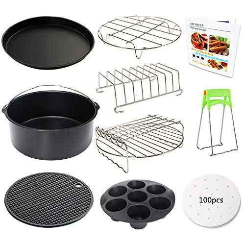 9 Inch Air Fryer Accessories XL Kit with Cupcake Pan, Pizza Pan, Silicone Baking Cup, Recipe Cookbook, 100Pcs Parchment Paper