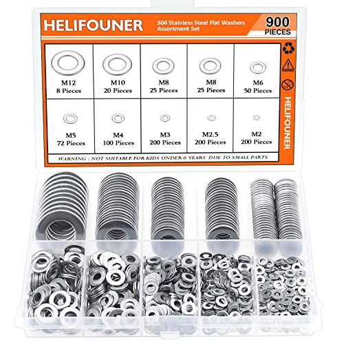 900 Pieces Stainless Steel Flat Washers Assorted Kit