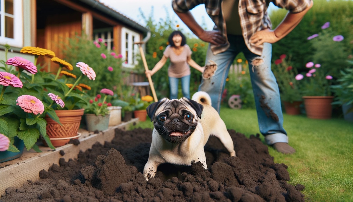 Photo of a cheeky fawn pug, dirt on its snout, eyes alight with mischief as it digs energetically into a garden bed. In the background, an owner stand