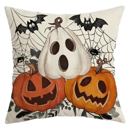 Halloween Pumpkin Jack-O'-Lantern Bat Web Pillow Cover