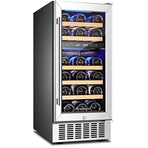 AAOBOSI 15 Inch Wine Cooler, 28 Bottle Dual Zone Refrigerator